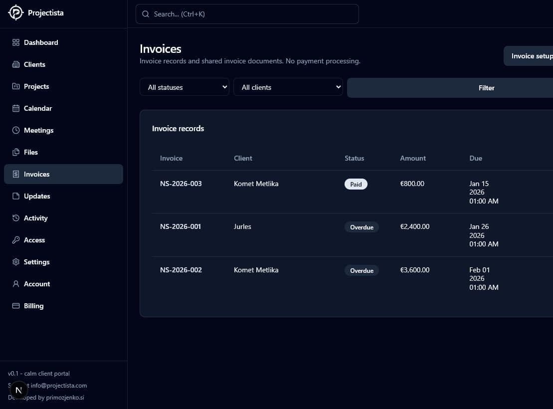 Projectista invoice list showing paid, sent, and overdue client invoices